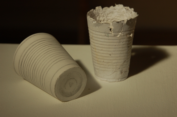 'Spit Cup, Drawn Cup', Pencil on paper net, masticated paper and saliva, Works on Paper, 2012